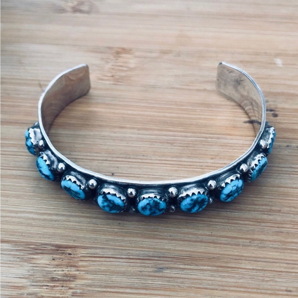 $196  Signed Navajo Turquoise & Sterling Cuff  Marked As STERLING